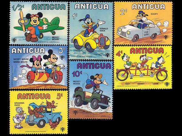 ディズニー ミッキーマウス、乗り物（アンティグア 1980年）の外国切手6種（未使用） - ヴィンテージ海外雑貨の販売・通販