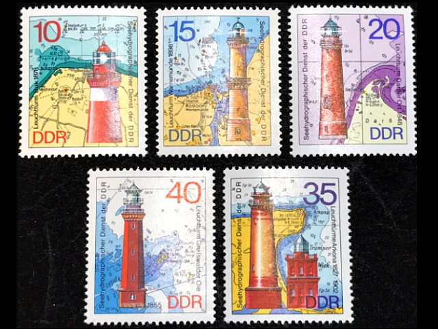 灯台と海図（東ドイツDDR 1974年）の外国切手5種（未使用）