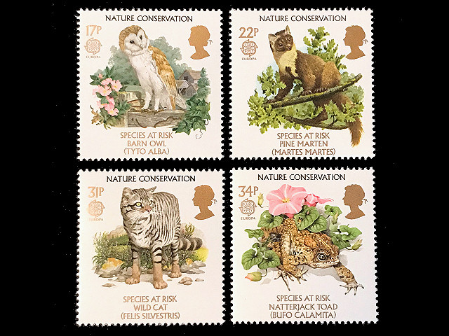 ふくろう、猫など（イギリス 1986年）の外国切手4種（未使用）