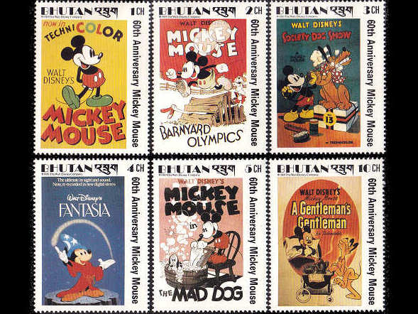 ディズニー ミッキーマウス（ブータン 1989年）の外国切手6種（未使用） - 古切手、ヴィンテージ切手の販売 Cham猫（チャムネコ）