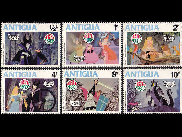ディズニー 眠れる森の美女 グリム童話 おとぎ話 アンティグア 1980年 の外国切手6種 未使用 古切手 ヴィンテージ切手の販売