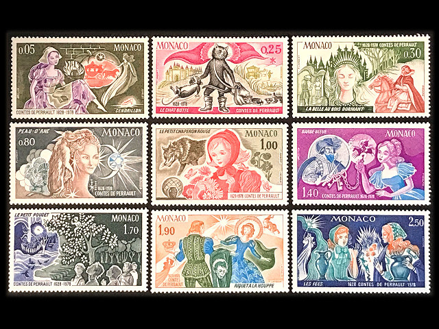 赤ずきんちゃん、長靴を履いた猫、シンデレラなど童話（モナコ 1978年）の外国切手9種（未使用）