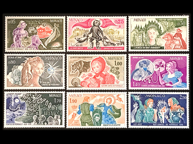 赤ずきんちゃん、長靴を履いた猫、シンデレラなど童話（モナコ 1978年）の外国切手9種（未使用）[ワケあり品]