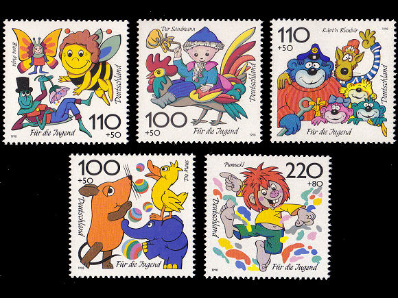 みつばちマーヤなど子供向けテレビ番組のキャラクター ドイツ 1998年 の外国切手5種 未使用 古切手 ヴィンテージ切手の販売