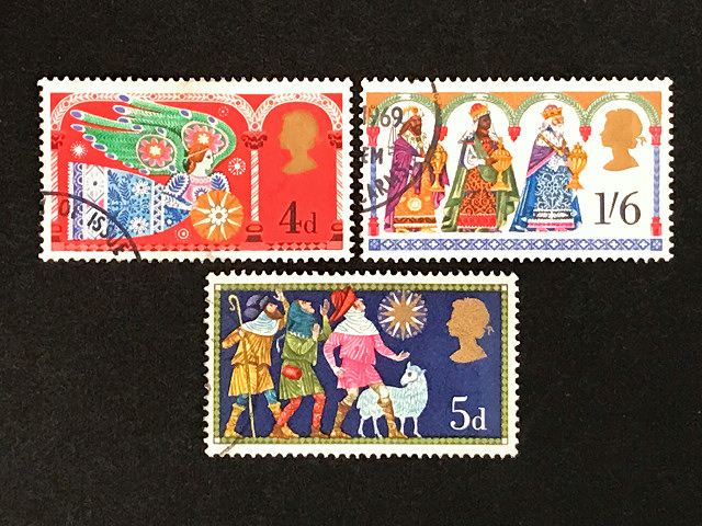 天使など、クリスマス（イギリス 1969年）の外国切手3種（使用済み）