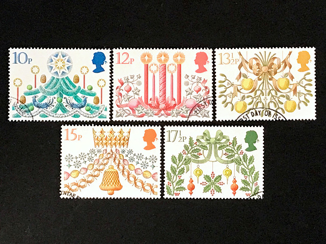 クリスマスツリーなど、クリスマス（イギリス 1980年）の外国切手5種（使用済み）
