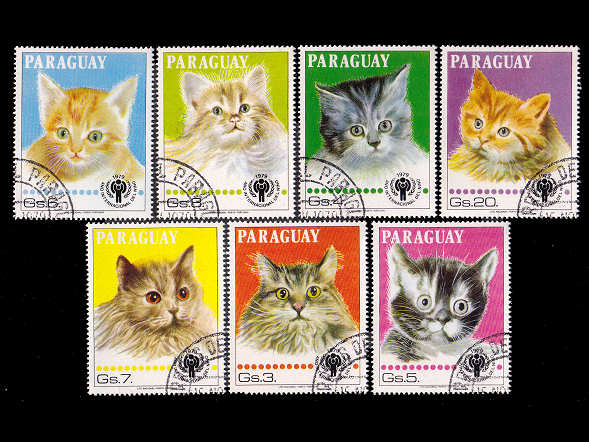 猫（パラグアイ 1979年）の外国切手7種（使用済み）