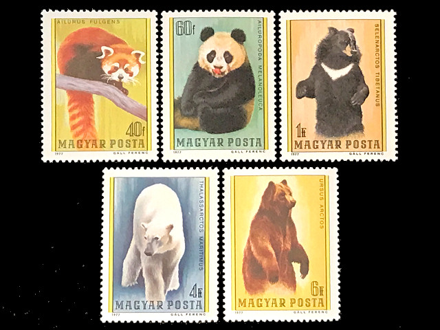 レッサーパンダ、パンダ、クマ、白熊など（ハンガリー 1977年）の外国切手5種（未使用）[ワケあり品]